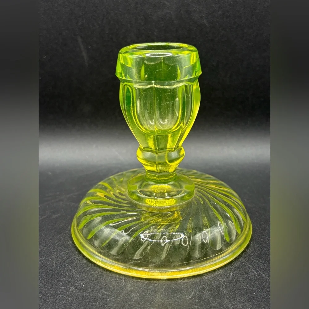 Vintage Vaseline Uranium Optic Twist Glass Candlestick Candle Holder Collectible
